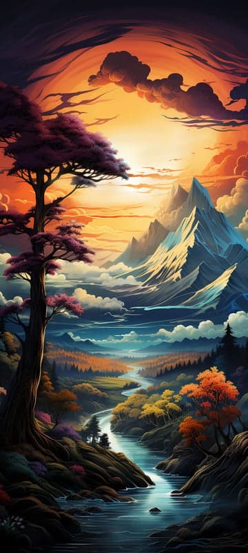 Vibrant Sunset Over Majestic Mountains and Serene River