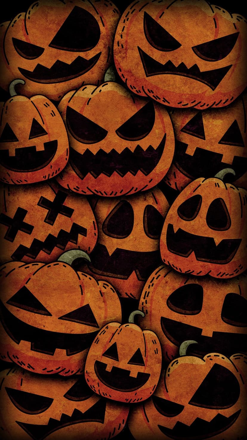 Carved jack-o'-lanterns and gourds with varied expressions arranged in a dense, rustic pumpkin pattern.