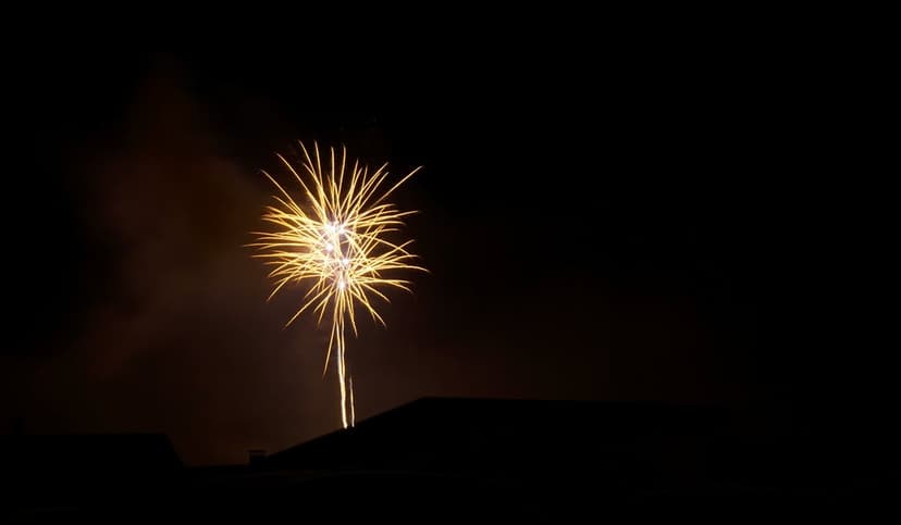 Golden starburst firework exploding in a dark night sky above black silhouettes of city rooftops and smoke.