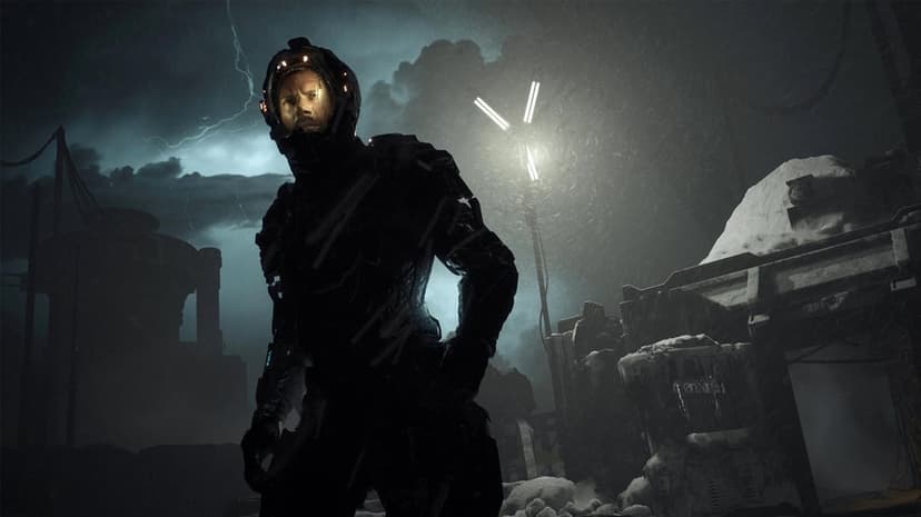 Futuristic soldier in dark armor stands in a snowy night landscape with a glowing helmet light and distant lightning.