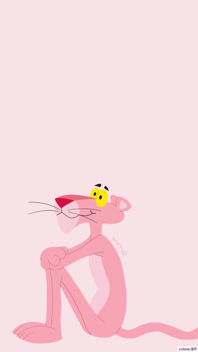 Pink Panther sits with knees drawn up, gazing upward with expressive yellow eyes on a solid soft pink background.