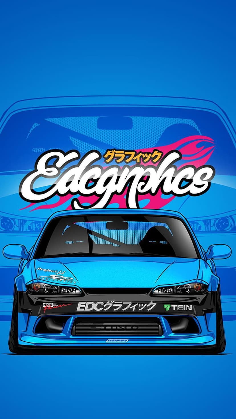 Blue JDM sports car with black and pink flame decals and tuning logos against a solid blue backdrop.