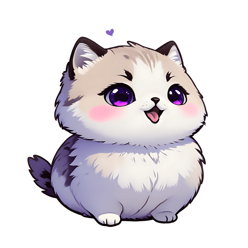 Chibi feline sticker illustration with white fur, purple eyes, and a small heart icon in a front view pose.