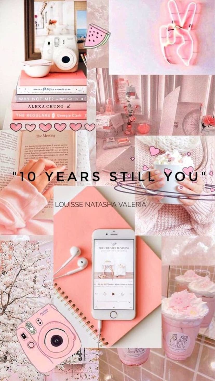 Retro instant camera, books, and pink lattes arranged with cherry blossoms in a soft aesthetic collage.