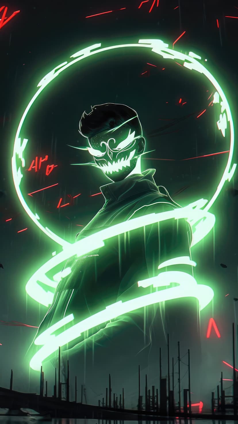 Ghostly figure with a fanged green mask and glowing eyes standing inside a bright neon circular light.
