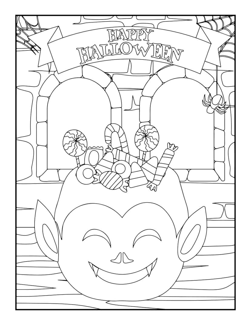 Vampire coloring page featuring candy-filled smiling face against a brick wall with spiderwebs and arched windows.
