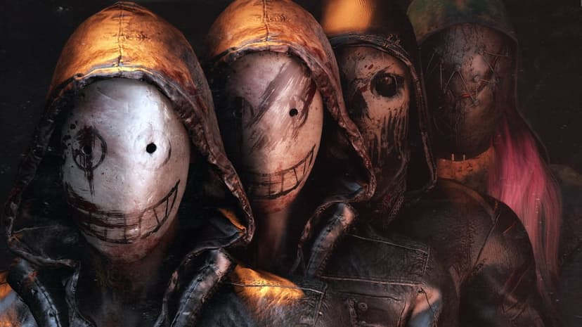 Four hooded figures in creepy masks with hand-drawn smiles and stitched details under orange light.