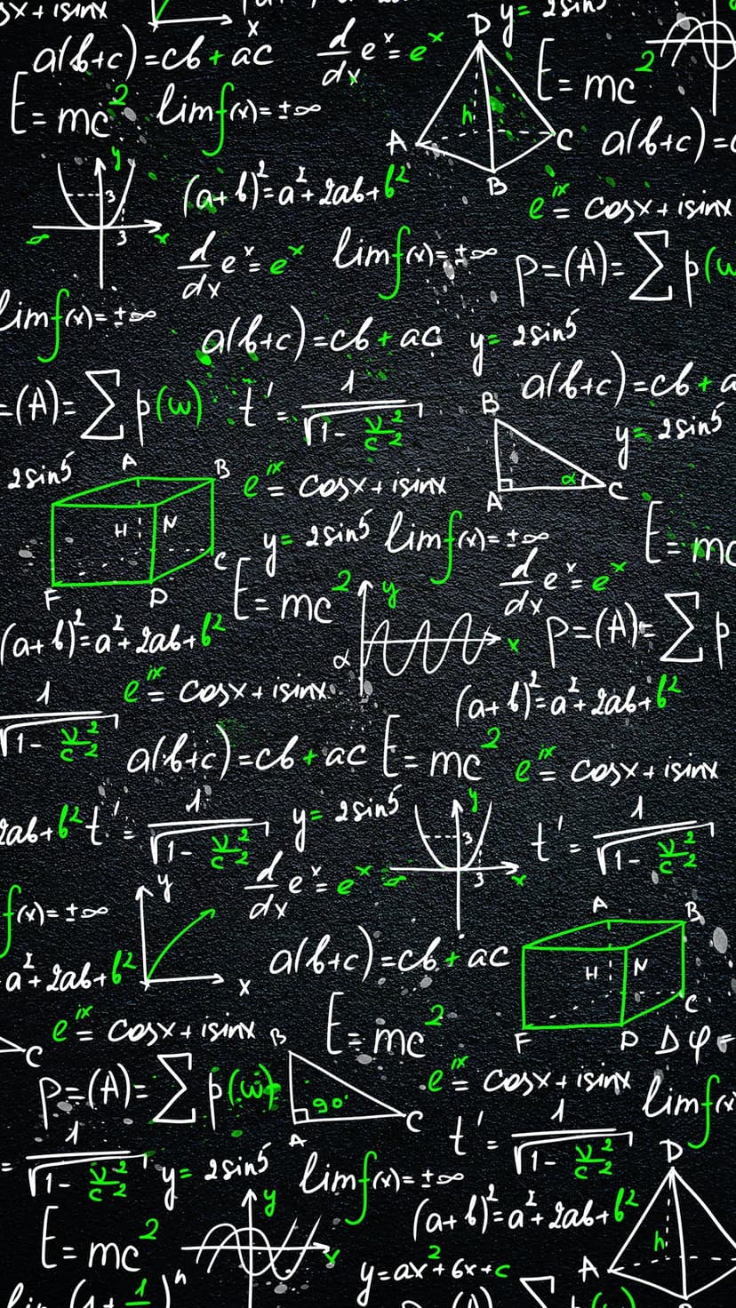 Mathematical equations and geometric diagrams drawn in white and green chalk on a dark slate blackboard background.