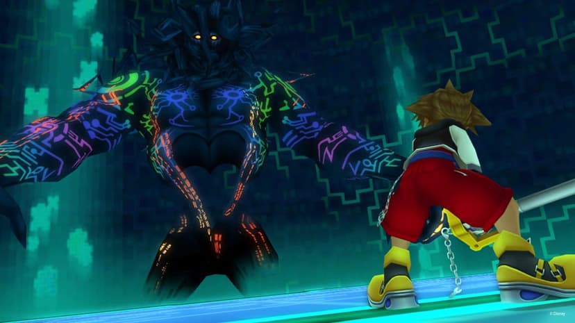 Sora faces a giant Darkside Heartless covered in neon circuit patterns within a glowing digital grid arena.
