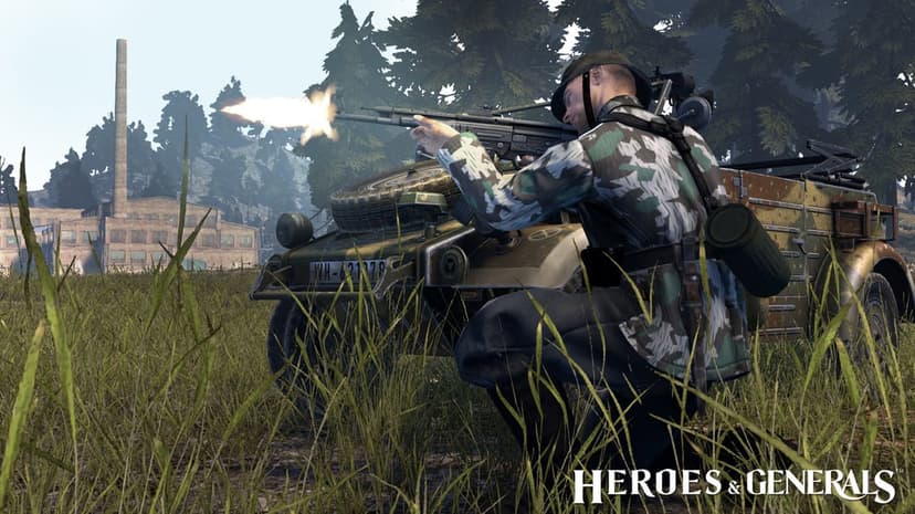 Soldier firing an StG 44 rifle beside a military vehicle in a field with an industrial factory background.