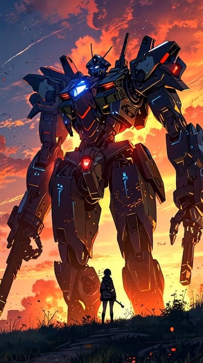 Epic Mecha Sentinel Against Fiery Sunset Phone Background