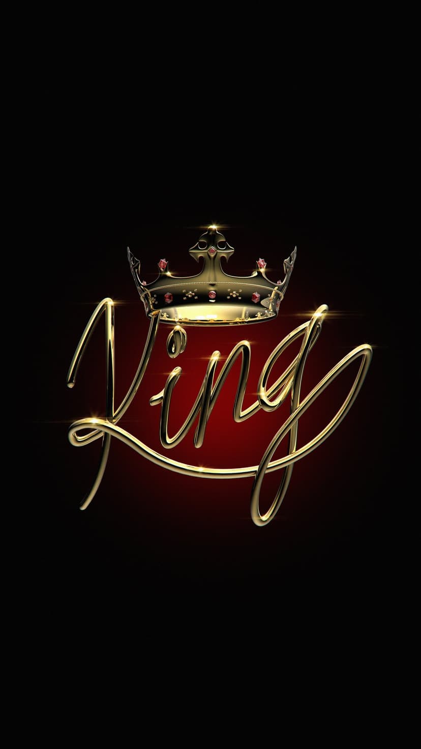 Golden ornate crown with red gems above the word King in script font on a dark red and black background.