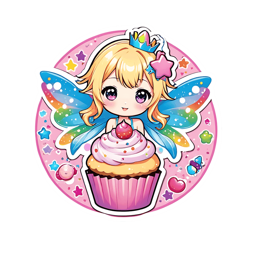 Blonde hair fairy cupcake sticker featuring rainbow wings and a pink circular background with stars and hearts.