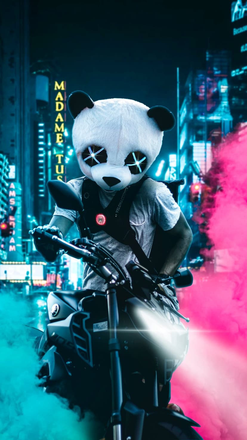 Person in a panda mask rides a motorcycle through neon city streets with pink and teal smoke billowing behind.