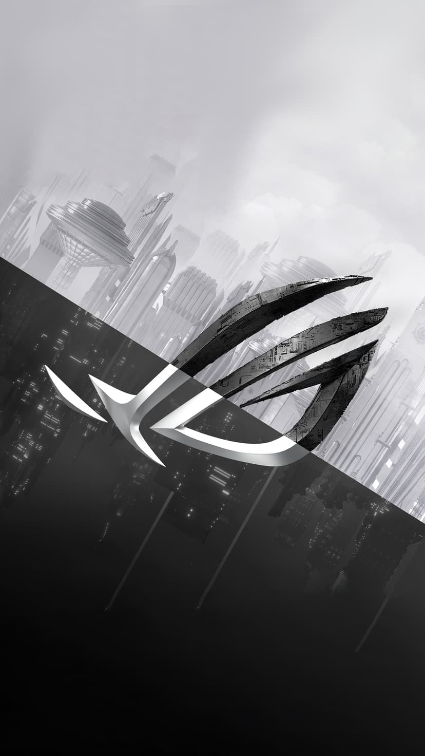 Republic of Gamers logo centered over a split-view black and white city with hazy light and dark glowing windows.