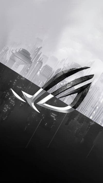 ASUS ROG emblem over futuristic city skyline
