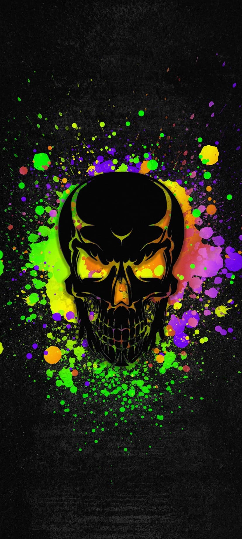 Human skull with radiant yellow eyes surrounded by vivid green and violet paint splashes on a dark background.