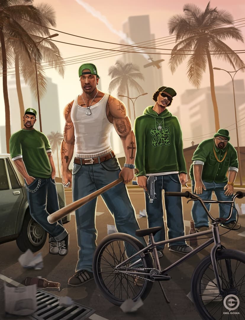 CJ, Big Smoke, Ryder, and Sweet stand together with a BMX bike and baseball bat in a stylized urban setting.