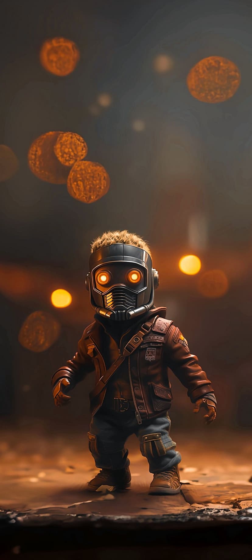 Toddler Star-Lord wearing a red leather jacket and silver mask stands before glowing orange bokeh lights.