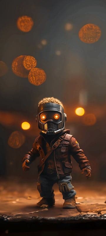 Baby Star-Lord in a dark, bokeh-lit background