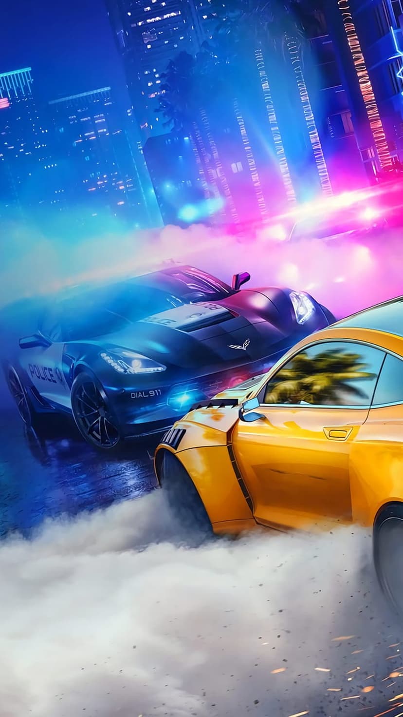 Yellow sports car drifting through a neon city at night while being chased by a police car with flashing lights.