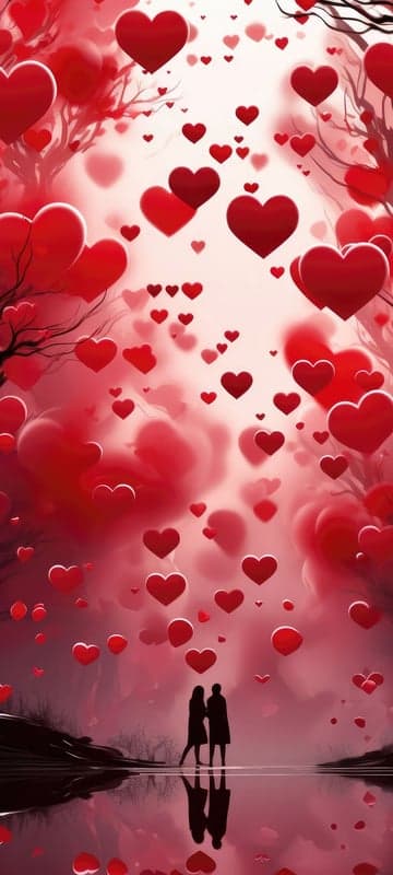 Couple in Silhouette Surrounded by Falling Hearts