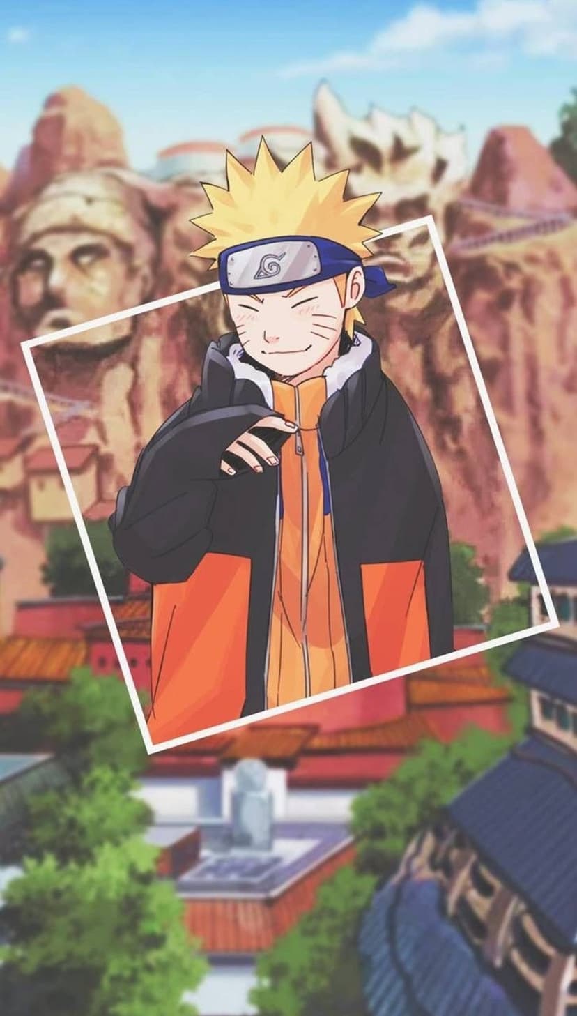 Naruto Uzumaki smiles wearing an orange jacket with the Konoha Village and Hokage Rock mountain behind him.