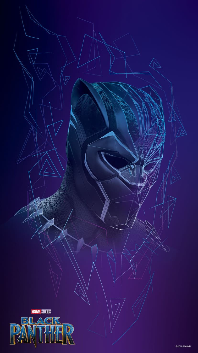 Black Panther mask with glowing blue wireframe lines on a purple background with a logo in the bottom corner.