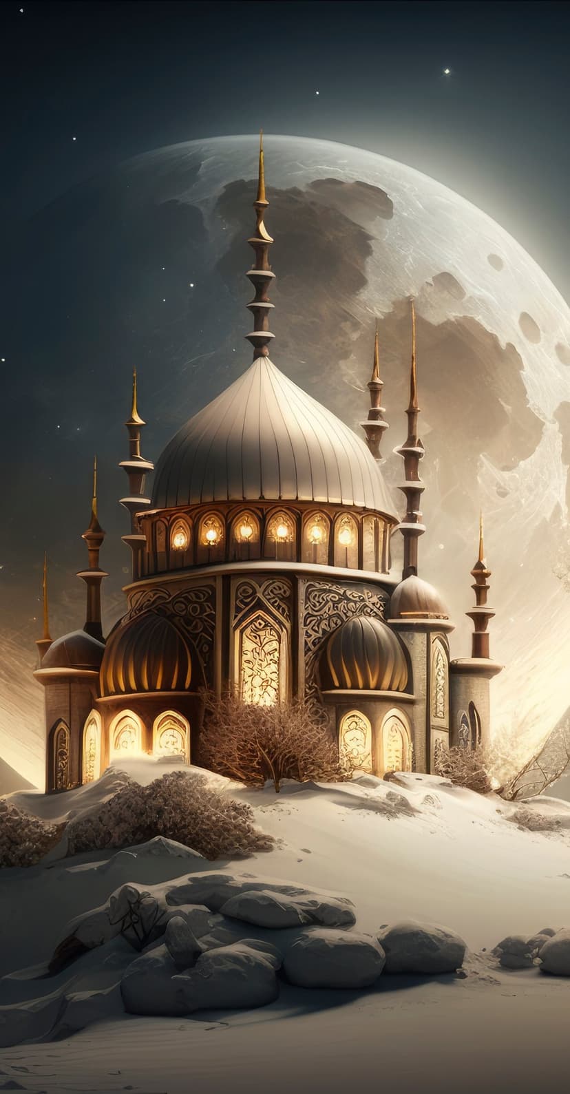 Mosque with glowing windows sits on a snowy hill beneath a massive luminous moon in a dark starry night sky.