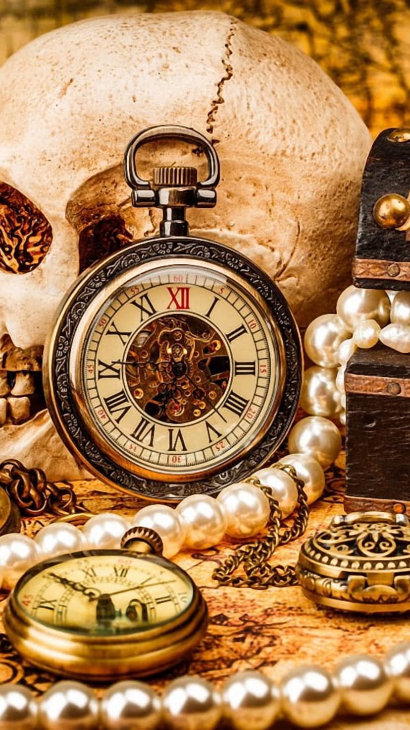Weathered human skull and open mechanical pocket watch resting on an old map with pearls and a gold locket.