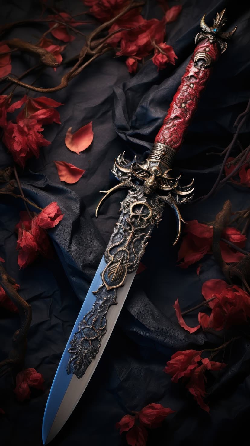 Ornate dragon-themed dagger with a golden hilt resting on dark cloth surrounded by scattered red autumn leaves.