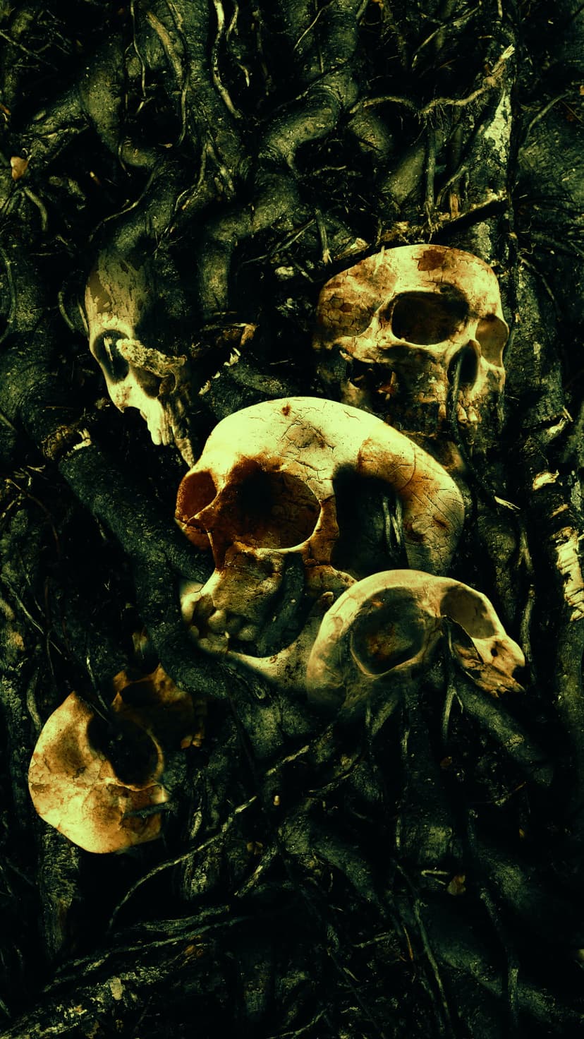 Weathered human skulls entangled in gnarled dark roots and damp soil captured in a detailed macro close-up.