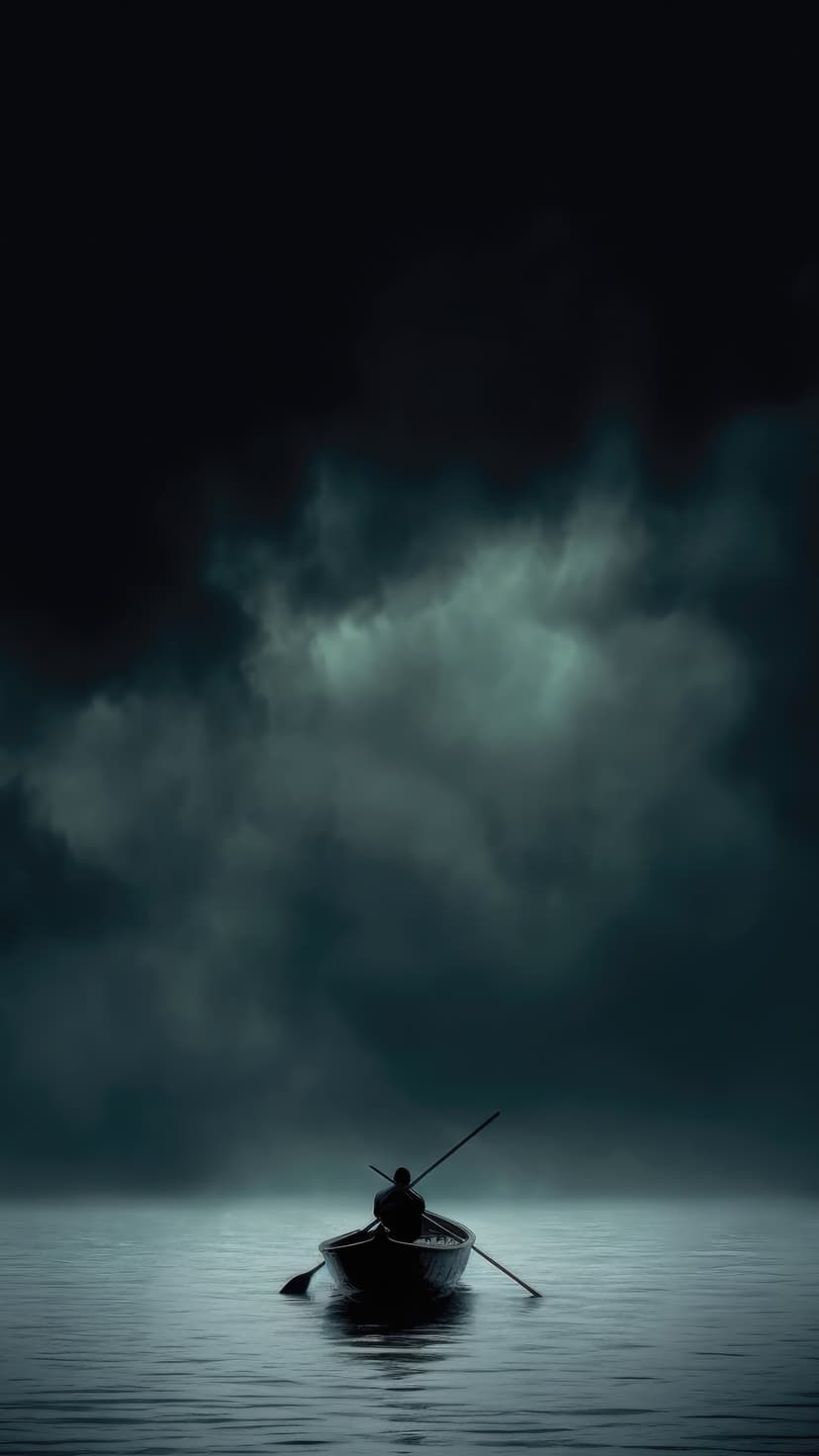 Lone individual in a small wooden boat rows through turbulent waves under a heavy, overcast storm sky.