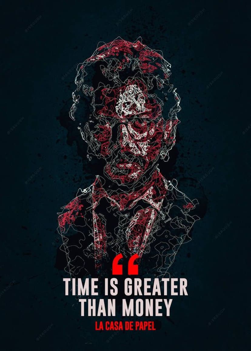 Dali mask portrait in red and white fractured lines above the quote Time Is Greater Than Money on dark gray.