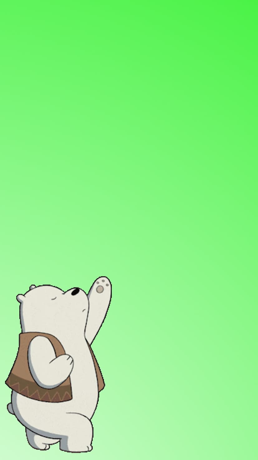 White polar bear character wearing a blue vest waves its paw against a bright lime green gradient background.