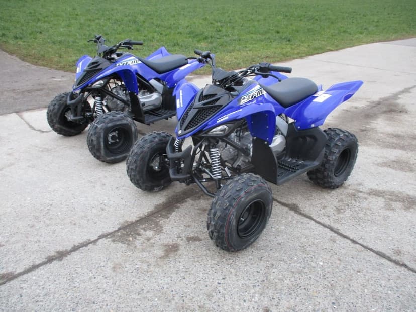 Two blue Yamaha Raptor ATVs parked on a concrete driveway with a green grass background in soft natural light.