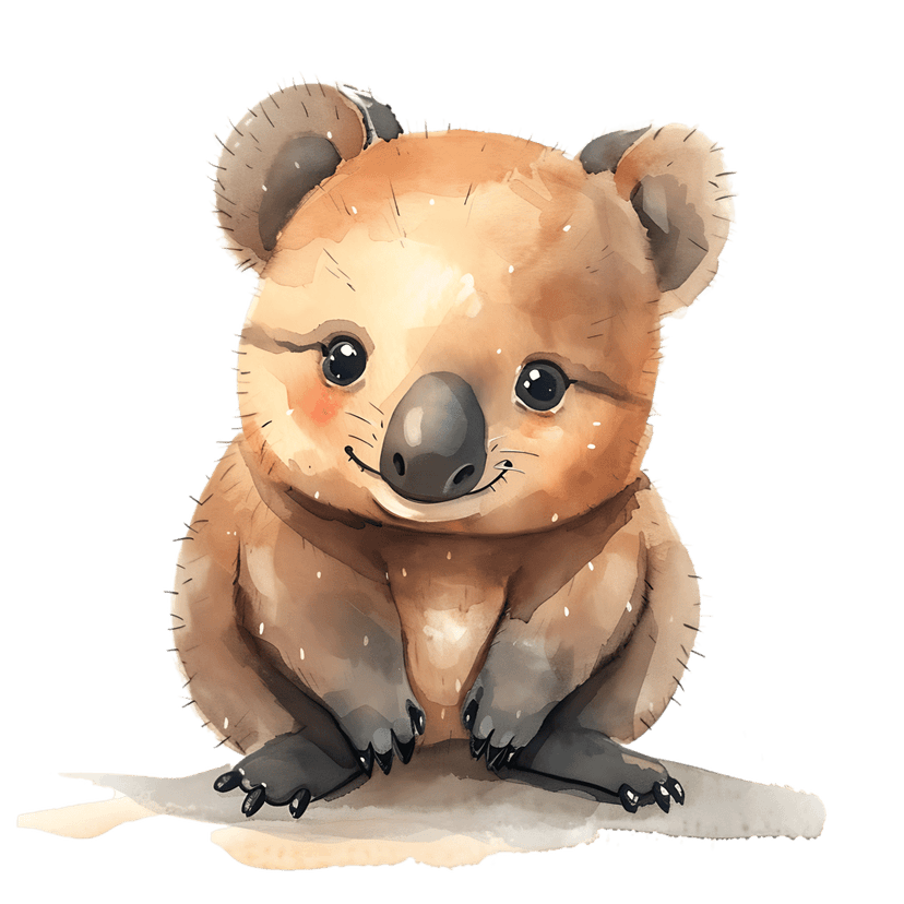 Baby koala watercolor illustration with fluffy brown fur, rosy cheeks, and black eyes in a sitting position.