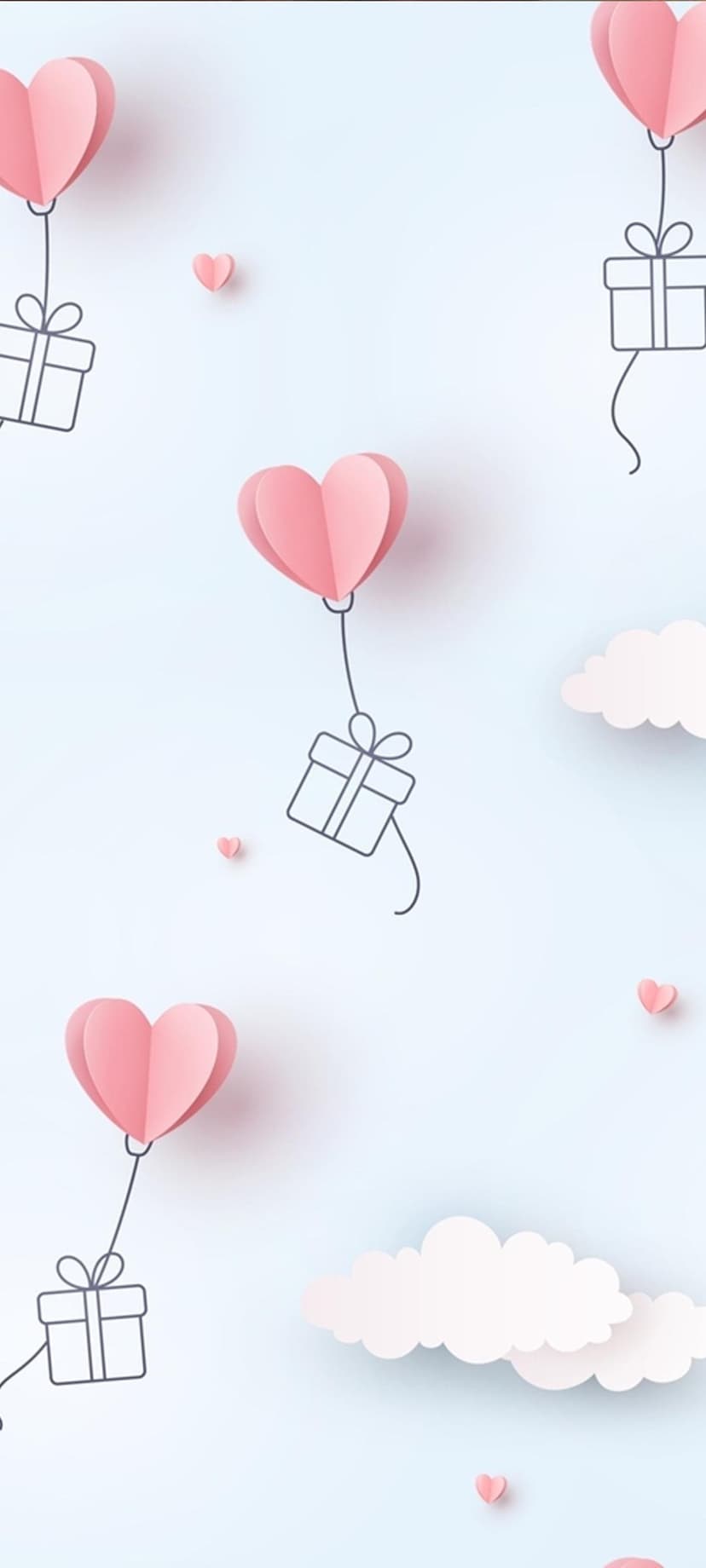 Pink heart-shaped balloons lifting line-drawn gift boxes float past paper clouds in a soft blue sky.
