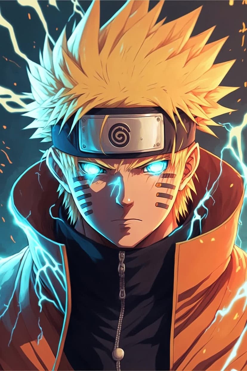 Naruto Uzumaki in Sage Mode with glowing blue eyes, spiky blonde hair, and crackling electric blue lightning.