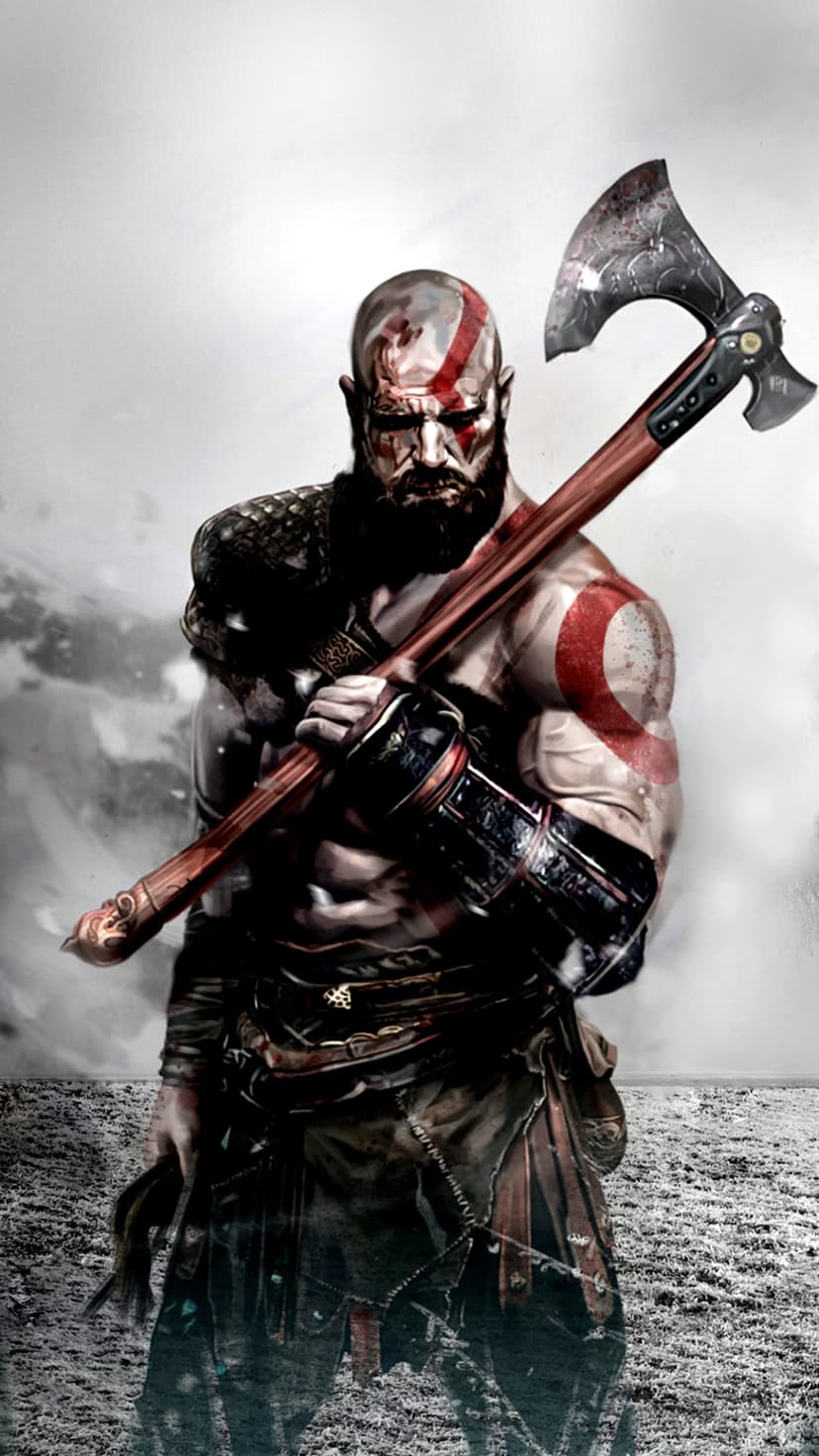 Kratos with red facial markings holds the Leviathan Axe over his shoulder against a dark, moody background.
