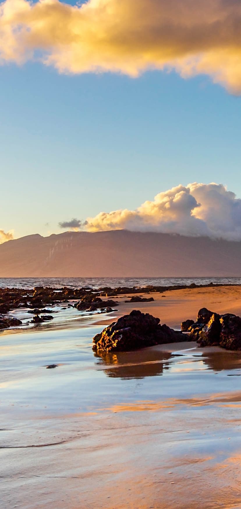Dark jagged rocks on a wet beach reflect golden sunlight under a hazy mountain range and soft morning clouds.