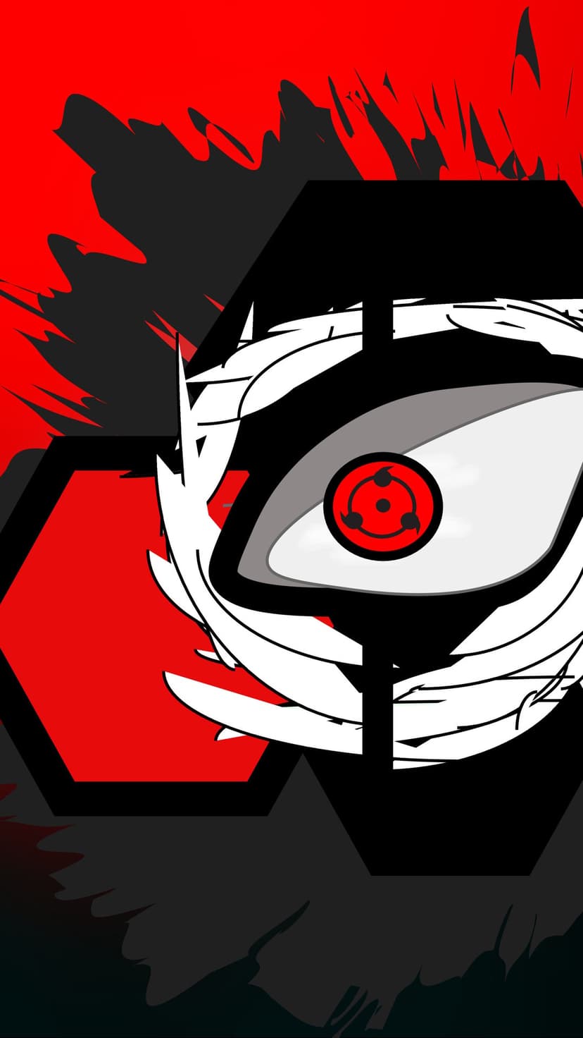 Sharingan eye with red pupils and black tomoe marks surrounded by white bandage wraps and dark hexagonal shapes.