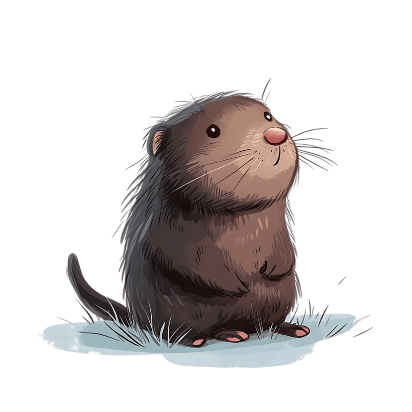 Brown cartoon otter with fluffy fur sits on a blue ice block with green grass on a transparent background.