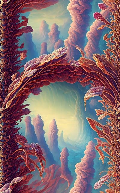 Surreal Dreamscape with Crimson Flora and Ethereal Pillars