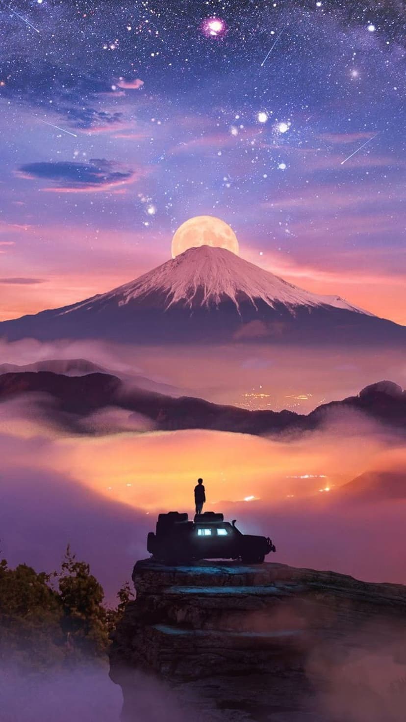 Silhouette on an off-road vehicle gazes at a giant moon over a snowy peak and glowing orange clouds.