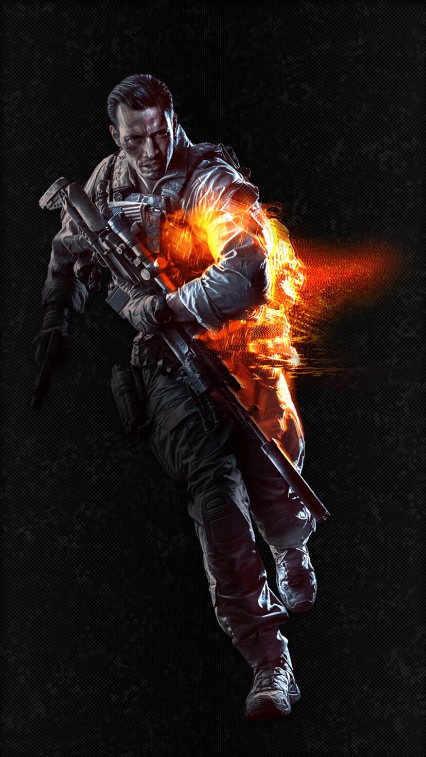 Soldier in tactical gear holding a rifle as orange fiery energy erupts from his chest against a dark backdrop.