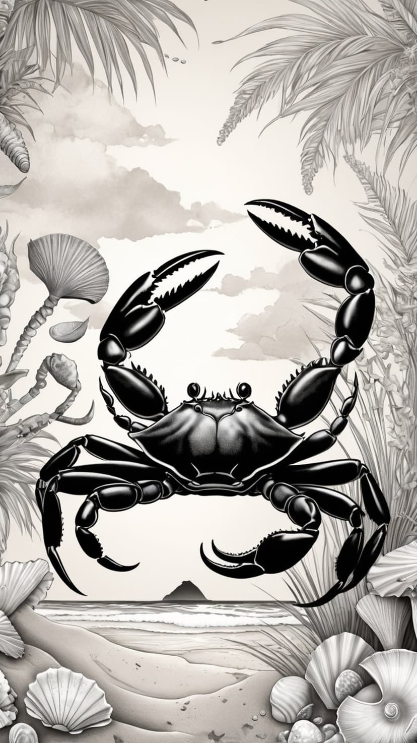 Black crab with raised claws sits on a sandy beach surrounded by palm leaves, seashells, and ocean waves.