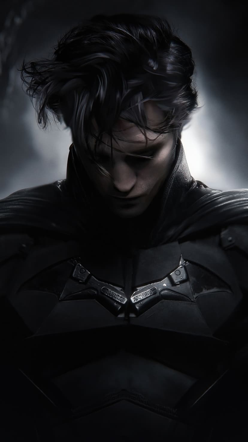 Robert Pattinson as Batman with tousled hair and an intense downward gaze in a dark, moody close-up portrait.