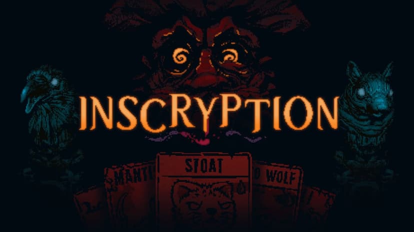 The title Inscryption in orange over dark cards including a stoat and two glowing animal totems.