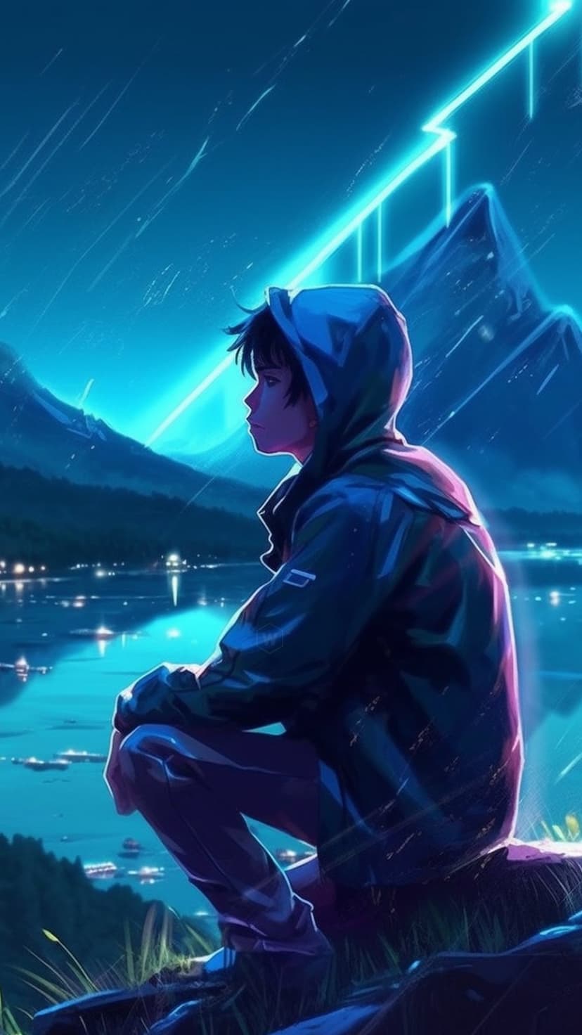 Hooded person sitting on a rock by a lake looking at neon blue mountains under a lightning bolt in the night.